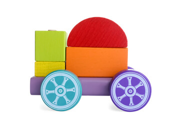 Colorful wooden toy locomotive isolated on white