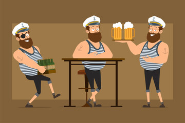 Cartoon flat funny bearded fat sailor man character in captain hat with tattoo. Boy resting, holding beer mugs and box of glass bottles. Ready for animation. Isolated on brown background. Vector set.