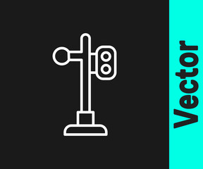 White line Train traffic light icon isolated on black background. Traffic lights for the railway to regulate the movement of trains. Vector.