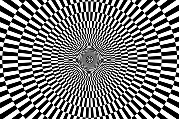 Black and white spirals of the rectangles radial expanding from the center, Optical illusion - chessboard swirl,