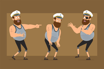Cartoon flat funny bearded fat sailor man character in captain hat with tattoo. Boy sad, tired, laughing, jumping and dancing. Ready for animation. Isolated on brown background. Vector set.