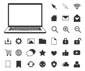 パソコンとアイコンのセット(モノクロ)