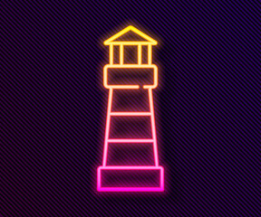 Glowing neon line Lighthouse icon isolated on black background. Vector.