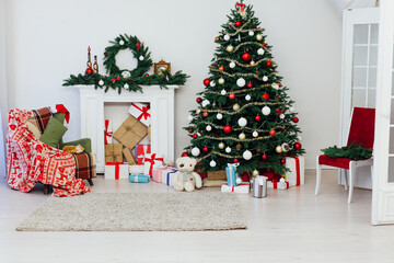 Christmas tree with fireplace presents interior decor house new year