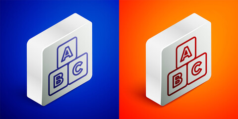 Isometric line ABC blocks icon isolated on blue and orange background. Alphabet cubes with letters A,B,C. Silver square button. Vector.