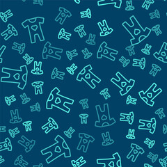 Green line Baby clothes icon isolated seamless pattern on blue background. Baby clothing for baby girl and boy. Baby bodysuit. Vector.