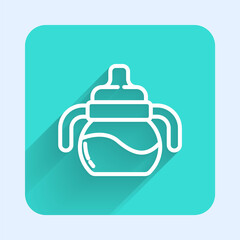 White line Baby bottle icon isolated with long shadow. Feeding bottle icon. Milk bottle sign. Green square button. Vector.