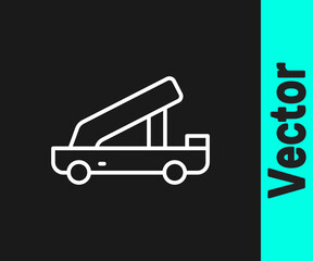 White line Passenger ladder for plane boarding icon isolated on black background. Airport stair travel. Vector.