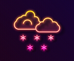 Glowing neon line Cloud with snow icon isolated on black background. Cloud with snowflakes. Single weather icon. Snowing sign. Vector.