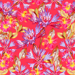 Cornflower and daffodile flower seamless pattern.

