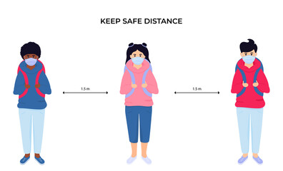 School children in protective face masks. Keep social distance. Preventive measures during the coronavirus pandemic coivd-19