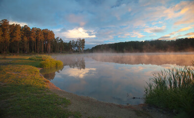Fototapeta na wymiar Early morning fog on the pond