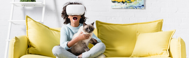 African american girl with open mouth in vr headset embracing cat, while sitting on sofa at home, banner