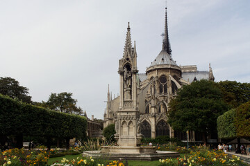 Fototapeta na wymiar Paris (France). East view of the Notre Dame Cathedral in the city of Paris