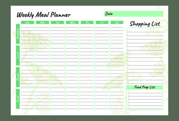 Weekly Meal Planner and shopping list. Green vector template design.