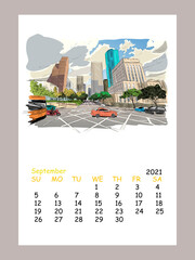 Calendar sheet layout September month 2021 year. Houston. Texas. USA. Hand drawn.Unusual Street sketch, vector illustration