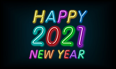 greeting card - neon letters Happy New Year 2021 on black background - vector illustration