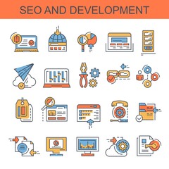 Seo and development. Icons for the site. Set of vector, color, flat icons. The set contains icons such as domain, hosting, social media and others.
