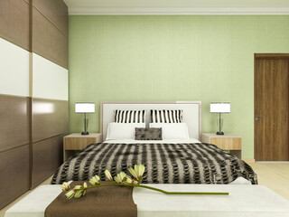 3D rendering, elegant and modern bedroom design, big bed with overcoat cabinet, coffee table, TV, carpet, etc., very comfortable and leisure