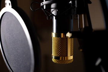 Isolated microphone in a home recording studio. Microphone for music, podcast to record at home.