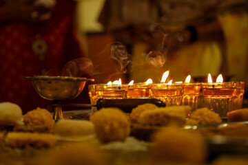 Indian festival diwali ,marigold flower and Colorful lamps of oil , Festival of lights