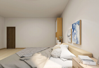 Fototapeta na wymiar 3D rendering, elegant and modern bedroom design, big bed with overcoat cabinet, coffee table, TV, carpet, etc., very comfortable and leisure