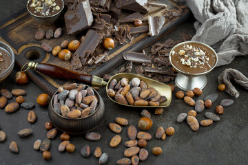 Cocoa beans on old background