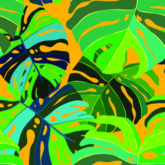 Creative seamless pattern with tropical leaves. Trendy pattern with hand drawn exotic plants. Swimwear botanical design. Jungle exotic summer print.	