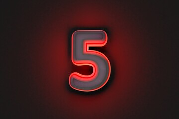 vintage grey concrete alphabet with red outline and back light - number 5 isolated on dark grey, 3D illustration of symbols