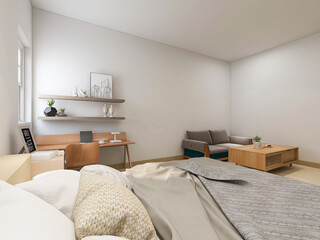 3D rendering, elegant and modern bedroom design, big bed with overcoat cabinet, coffee table, TV, carpet, etc., very comfortable and leisure