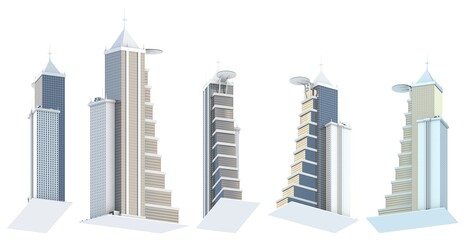 5 renders of fictional design skyscrapers with helipad on roof with blue sky reflection - isolated on white, view from below 3d illustration of architecture