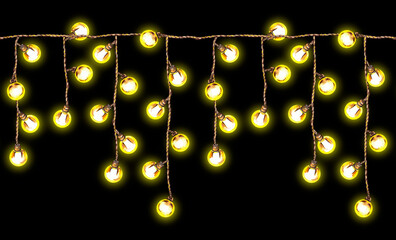 Seamless border of glowing string yellow lights. Christmas cozy multi threads garland in vintage rustic style. Watercolor hand painted isolated elements on black background.
