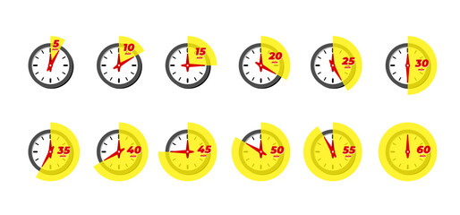 Timer and stopwatch icon set. Kitchen cooking or fast express delivery time labels with different minutes. Sport clock or deadline countdown vector isolated illustation