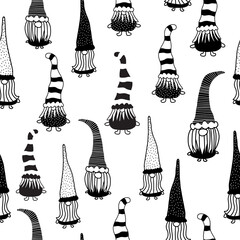 Christmas gnomes seamless vector pattern. Hand drawn illustration of gnomes black on white repeating horizontal background. Monochrome Holiday design for decor, fabric, gift wrap