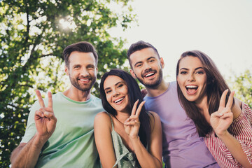 Low angle view photo of optimistic young men and women couples make v-sign happy smile outdoors in park outside