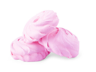Meringue cookie isolated. Sweet crispy pink twisted meringue on white background.