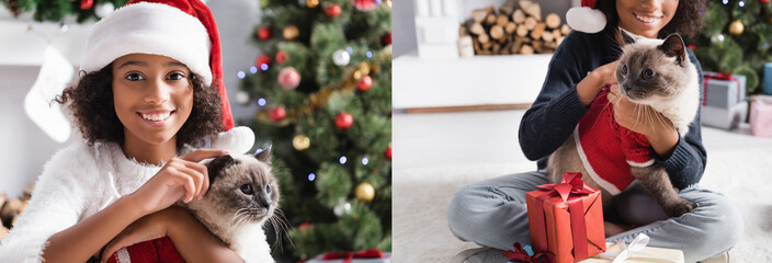collage of happy african american girl smiling at camera while cuddling cat on blurred background,...