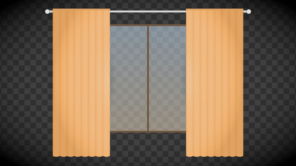 View from the window with curtains on a transparent background. Lights on in the room. Horizon lines. Vector illustration in a flat style. Beautiful background with lighting.