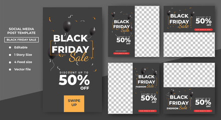 Set of editable square banner template. Illustration of black ballon with the scattered ribbons. Flat design banner with photo collage. Perfect for social media post feed, story and internet ads.