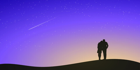 The silhouette of a couple in the night with many stars in the sky. Happy Valentines' Day Concept. Vector illustration.