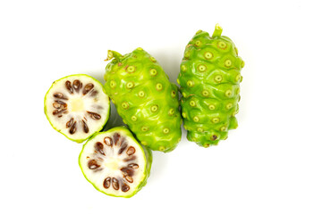 Noni or Morinda Citrifolia isolated on white background. Noni leaves are high nutrients and antioxidants.