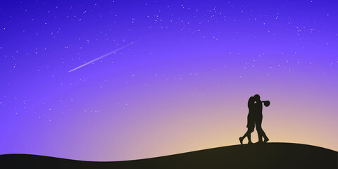 The silhouette of a couple in the night with many stars in the sky. Happy Valentines' Day Concept. Vector illustration.