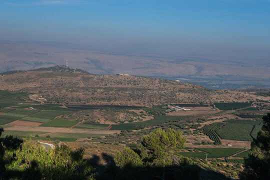 Naftali mountains range with keren naftali mountain, Hula valley, Golan Heights and Mount Hermon as seen from Kibbutz Malkia lookout point, located on iraeli-lebanese border in Upper Galilee, Israel.