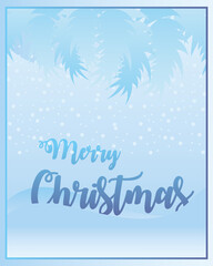 merry christmas, handwritten lettering on snow and foliage blue background