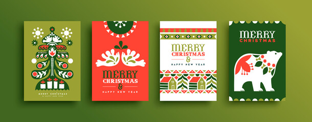 Merry Christmas scandinavian folk art card set