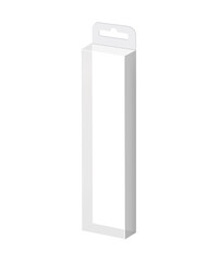 3D illustration of vertical clear box with hanging top for different products on white background