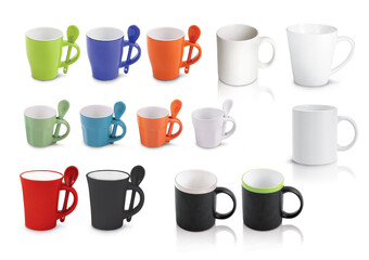 3D illustration of ceramic tea and coffee mugs and cups in different shapes and colors on white background with spoon and handle 