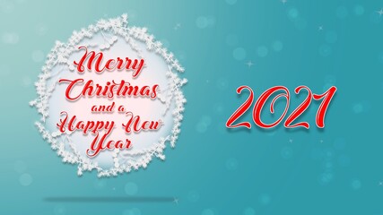 Merry Christmas and a Happy New Year 2021 Wreath. Blue wintery background with glittering sparkles