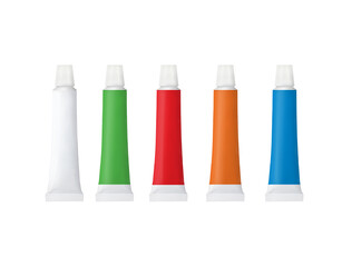 3D illustration of distemper colors tubes in five different colors with white plastic top on white background