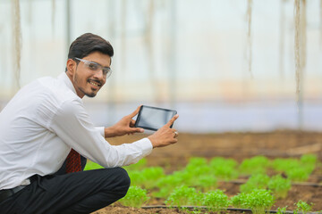 Fototapeta premium Technology and people concept, Young indian agronomist using tablet or smartphone at greenhouse